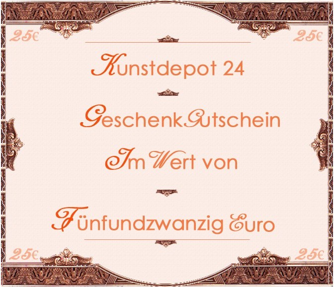 Gutschein BRONZE von KUNSTDEPOT24 im Wert von 25 EURO mit edlem Briefpapier oder per E-mail.