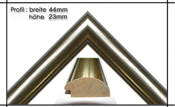 Holzrahmen Prunkrahmen Elite Silber ( Gold krakeliert ) B: 44mm  H: 23mm  Der Rahmen wird zur Selbstmontage geliefert. 