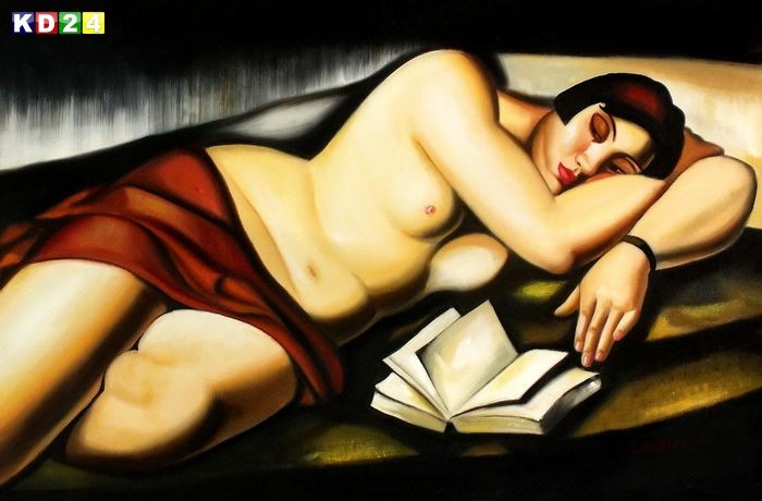 Homage of T. de Lempicka - Liegender Akt mit Buch d79138 60x90cm Ölbild handgemalt