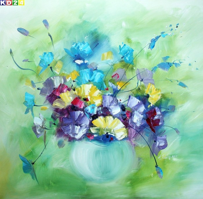 Modern Abstrakt - Vase mit blauen Blumen x80267 100x100cm Ölgemälde handgemalt Zeitgenössisch Ölbild