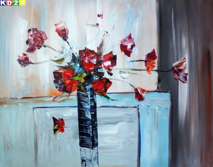 Modern Abstrakt Vase mit roten Blumen k80362 90x120cm Top Ölgemälde Modern Art Handgemalt Zeitgenössisch Ölbild