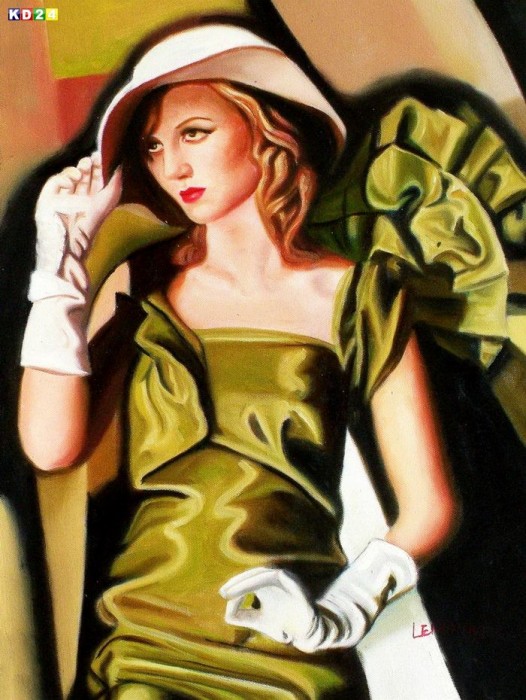 Homage of T. de Lempicka - Mädchen in Grün mit Handschuhen a81143 30x40cm Art Deco Ölbild handgemalt